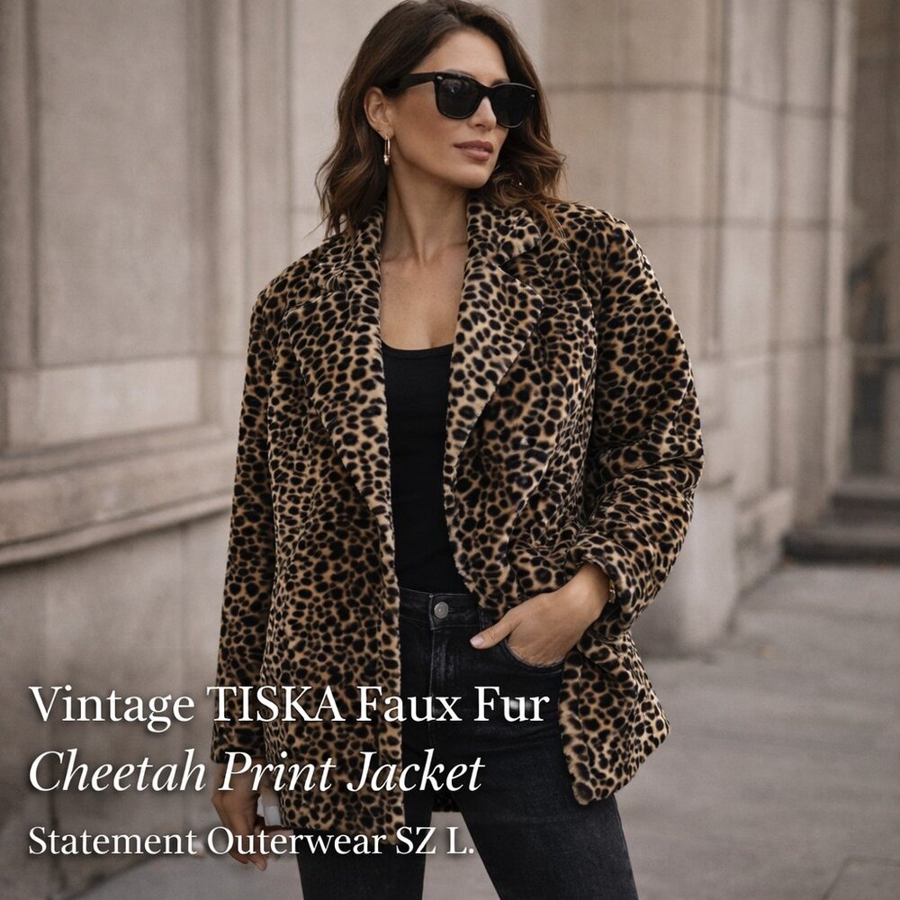 TISKA Vintage Faux Fur Cheetah Print Jacket Statement Coat Chic Glam Y2k Winter